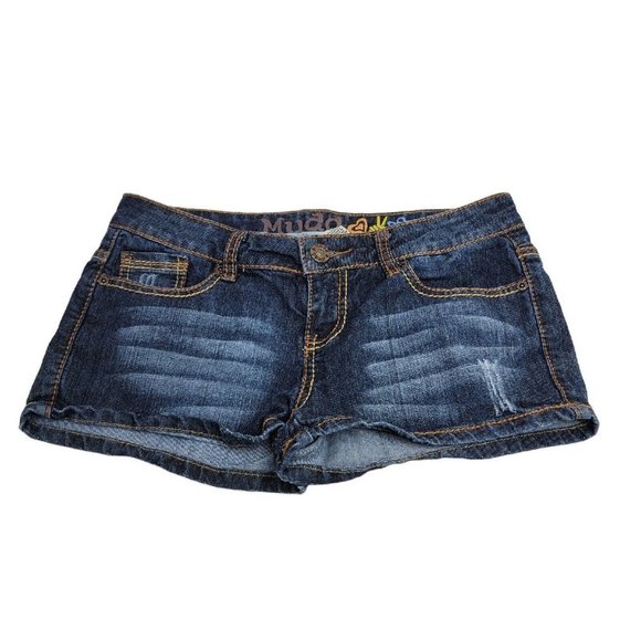 Vintage Y2K Mudd Juniors size 9 32" Shorts jean Denim Dark Wash flap pockets - Picture 1 of 8